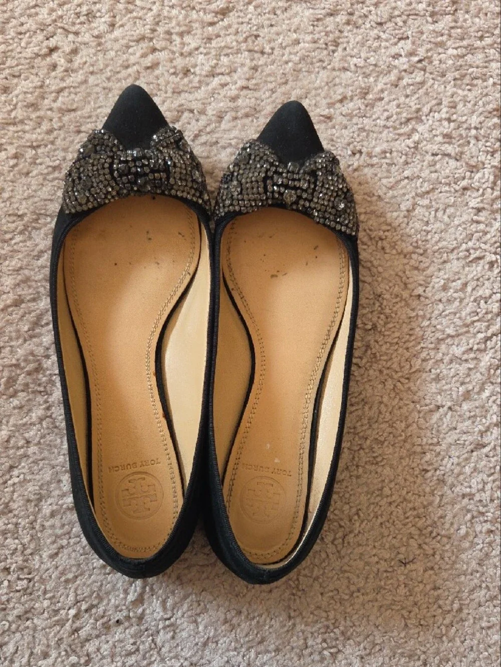 Tory Burch Black Pointed Toe Crystal Bow Flats
